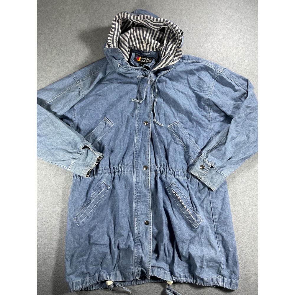 Andy Johns Vintage Denim Parka Jacket Hooded Blue Light Wash Striped Lining j65